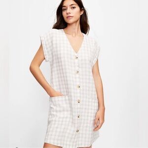 Lou & Grey Cream Gingham Button Front Linen Mini Dress